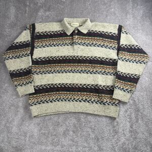 Vtg St John’s Bay Knit Sweater Size XL Collared Beige Multicolor Stripe Western